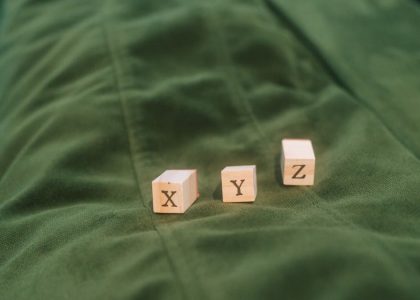 Wooden blocks with letters X, Y, Z on green fabric background.
